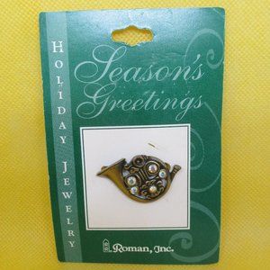 2002 Roman Inc Christmas AB French Horn Brooch Roman Inc Seasons Greetings Pin